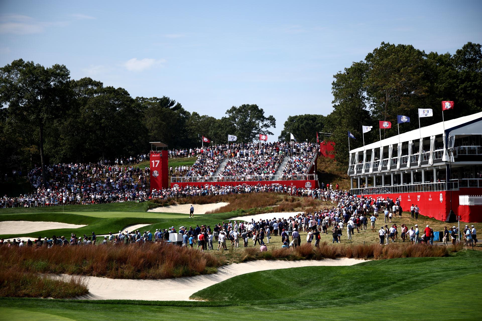 Panoramic view of the stands filled with spectators at the Ryder Cup