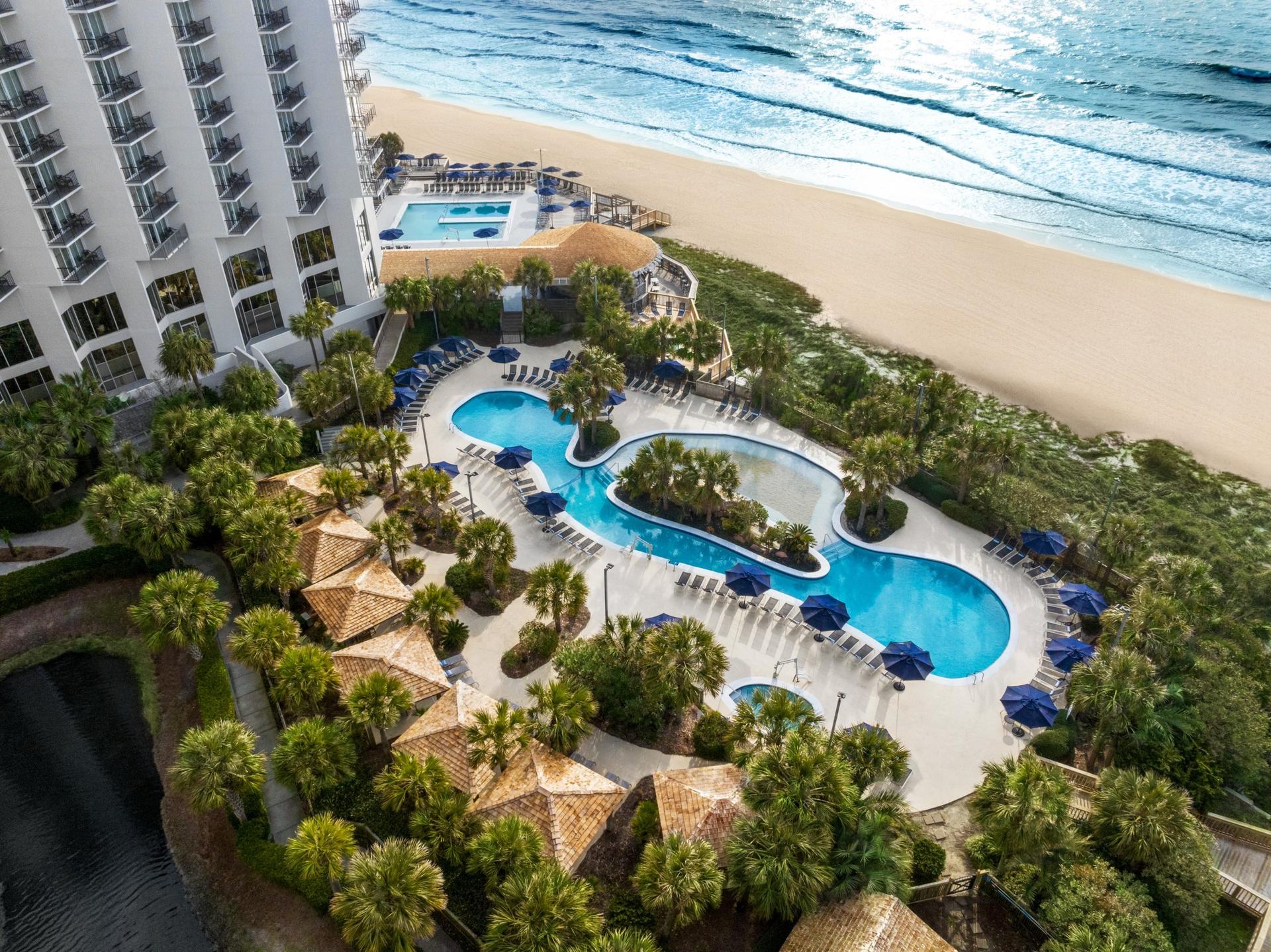 Overhead view of the outdoor swimming pool and beach