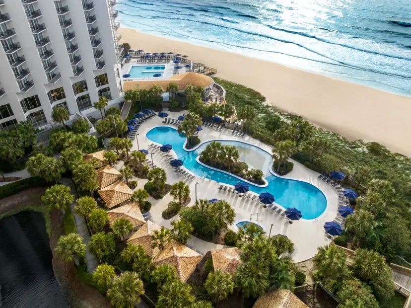 Overhead view of the outdoor swimming pool and beach