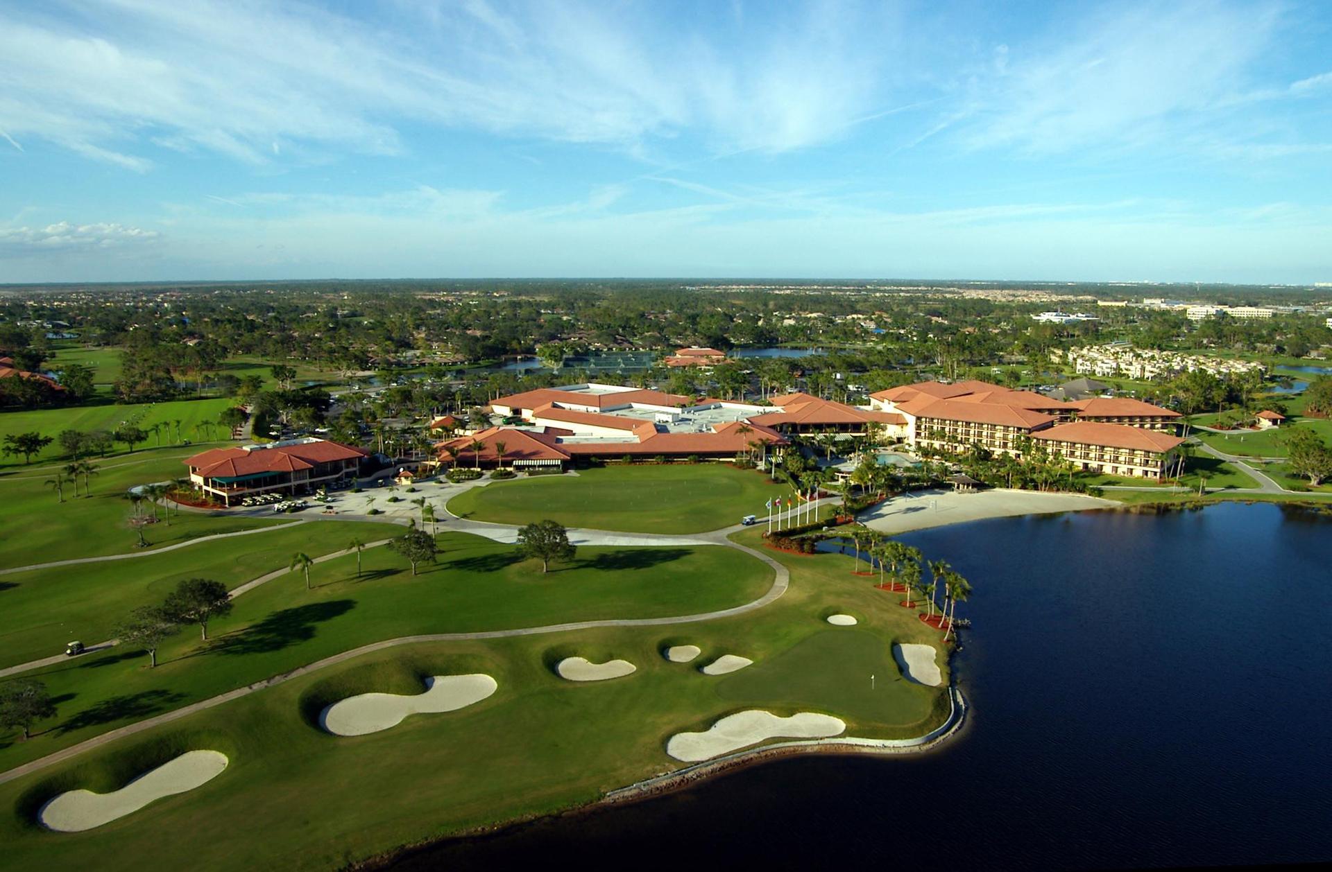 Aerial view of the National Course looking out to its course and lake which runs through