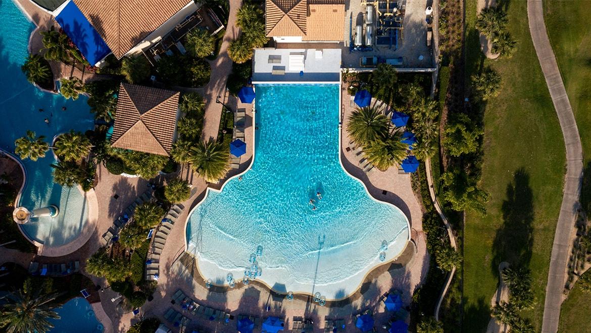 Overhead view of another swimming pool at the hotel giving the guests options
