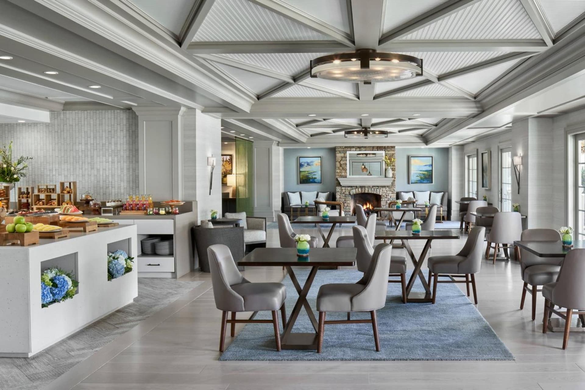 Breakfast bar at the hotel following a modern grey design