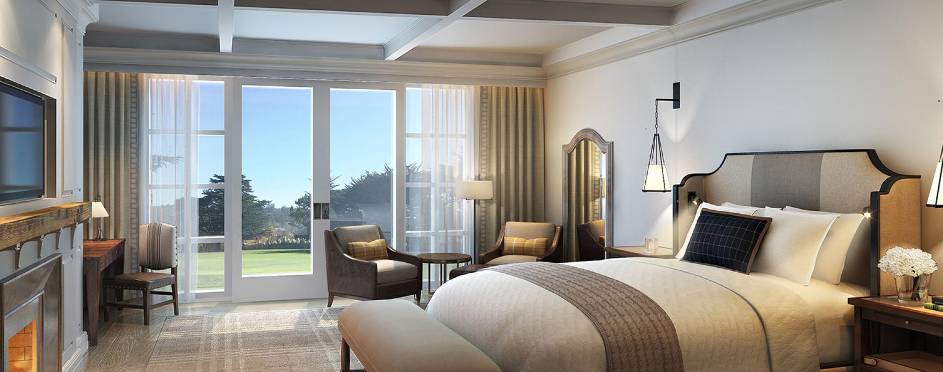 Modern double bed room at The Lodge with balcony views of the course