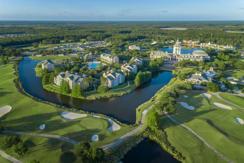 Aerial view of the World Gold Villages course, clubhouse, hotel and swimming pool