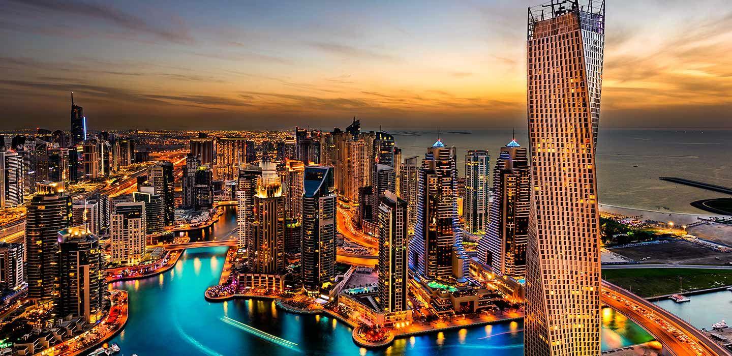 Aerial view of Abu Dhabi Marina at sunset