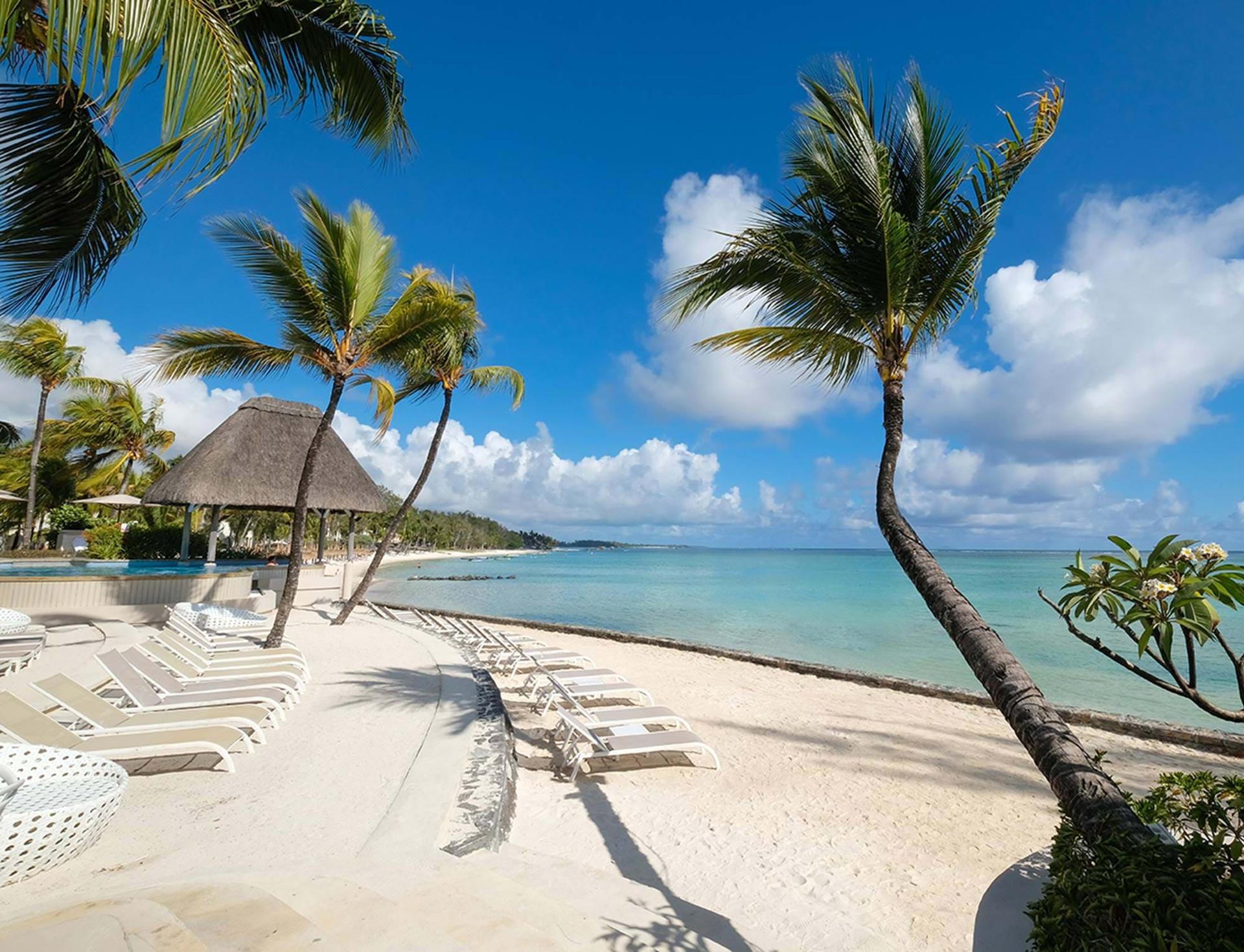 The on sight beach at Ambre Resort & Spa nestled with palm trees and sunbeds