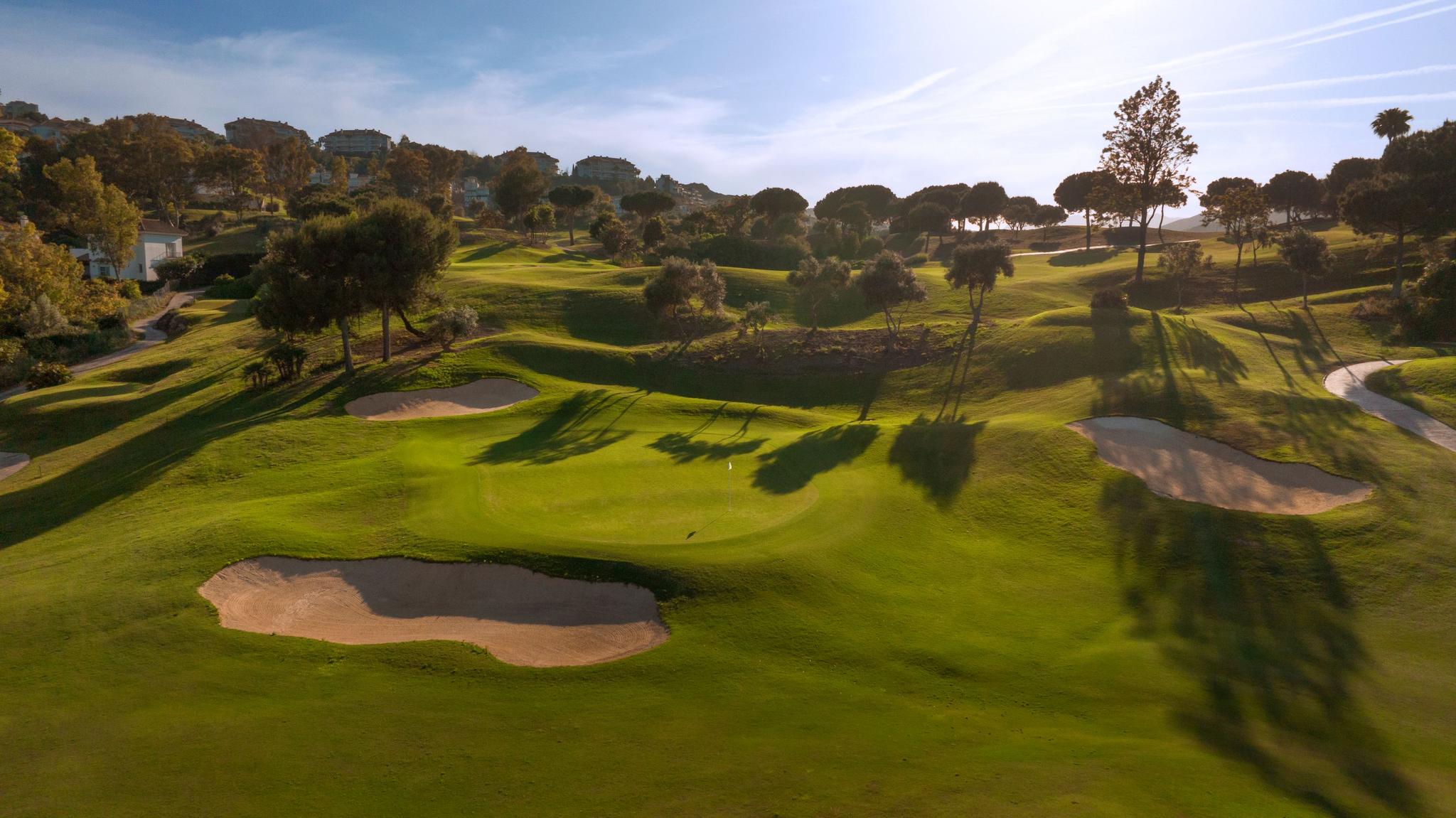 Undulating green surrounded by bunkers