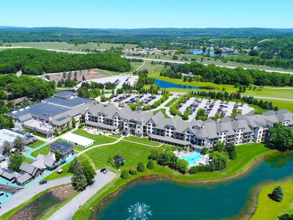 Aerial view of BOYNE Golf Resort with luxury accommodations and scenic landscapes