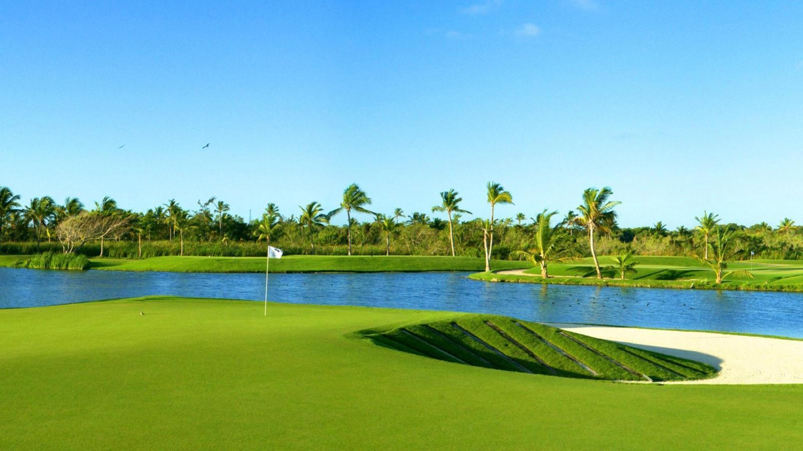 A green elevated from a sand bunker with palm trees on the other side of the water hazard