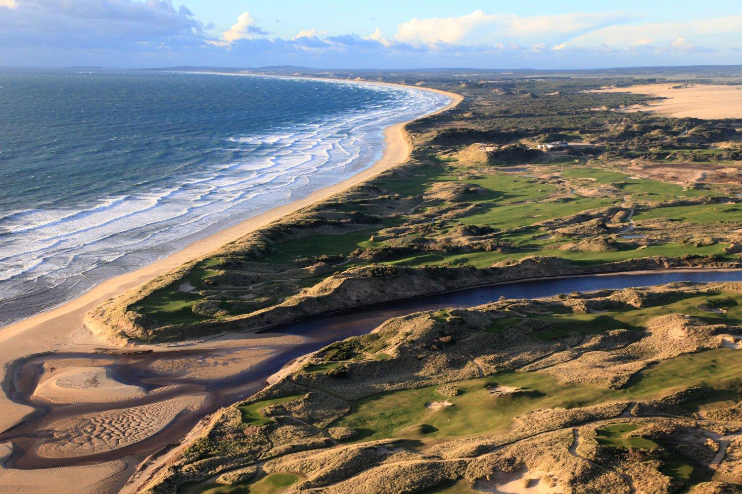 Aerial view of The Barnbougle Resort golf course running along the coast