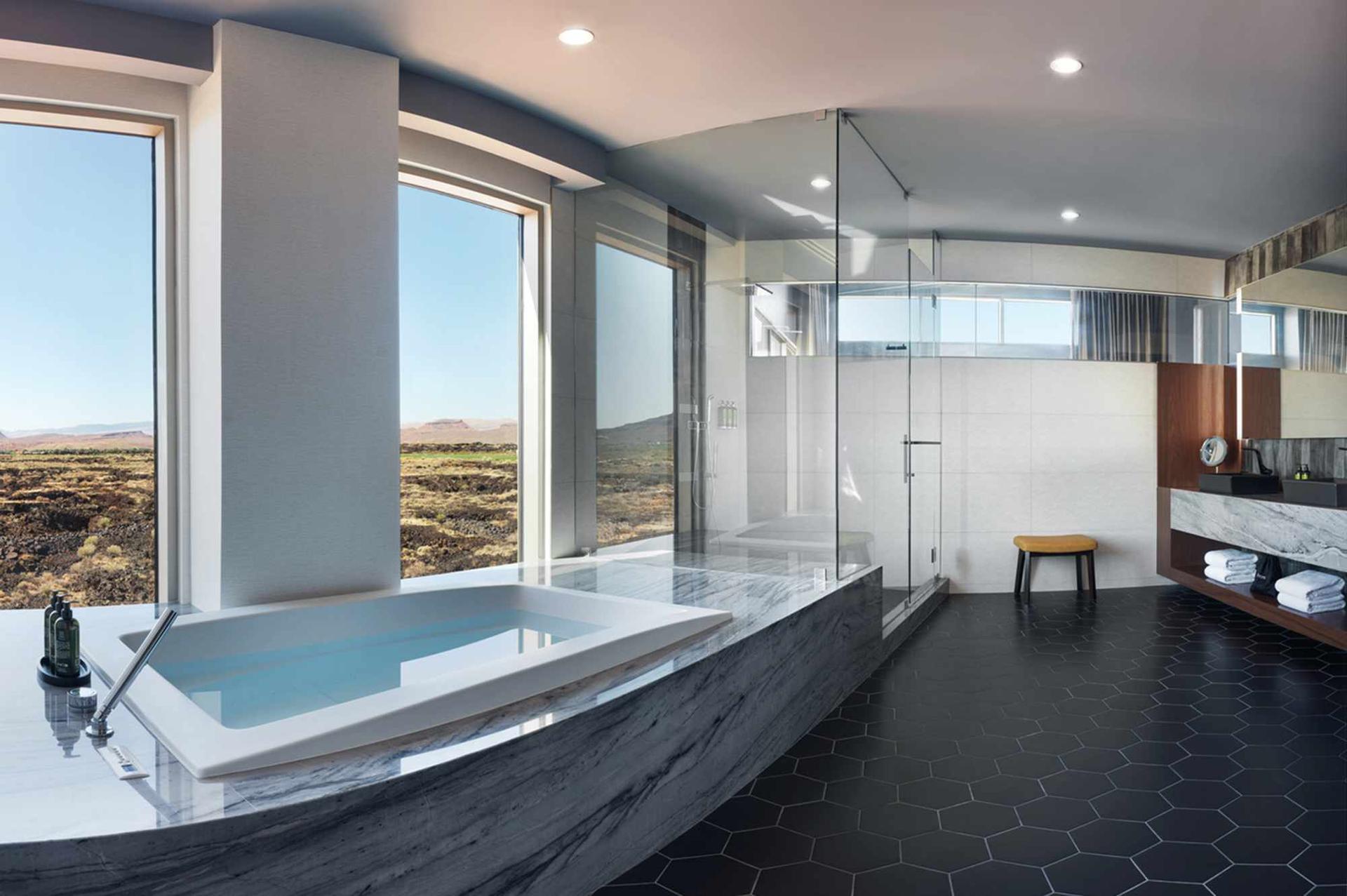 Luxurious bathroom at the Black Desert Resort with panoramic views of the surroundings