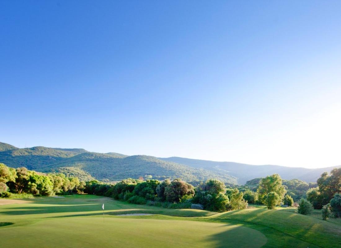 Sun setting over a smooth green surrounded by a bushy rough