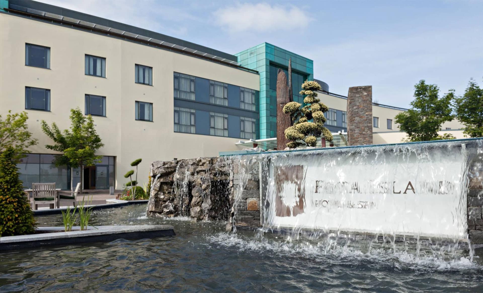 Fota Island sign with cascading water feature at entrance.