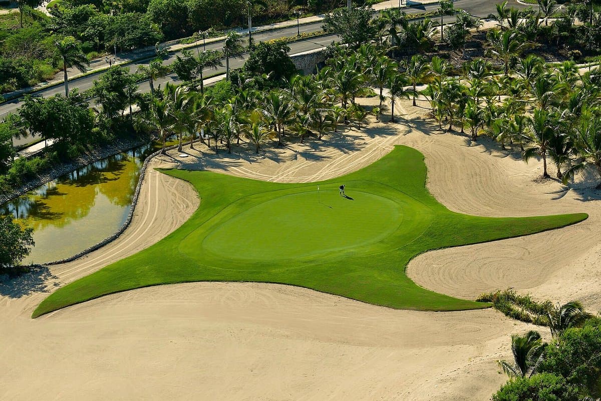 A star shaped green surrounded by a sandy rough nestled with palm trees