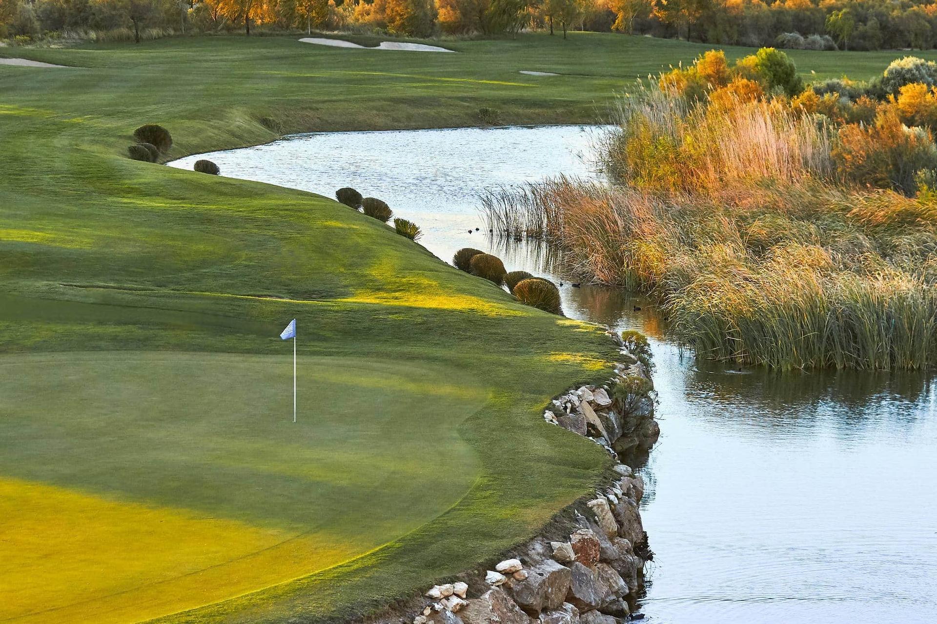 Pristine green with a water hazard beside it