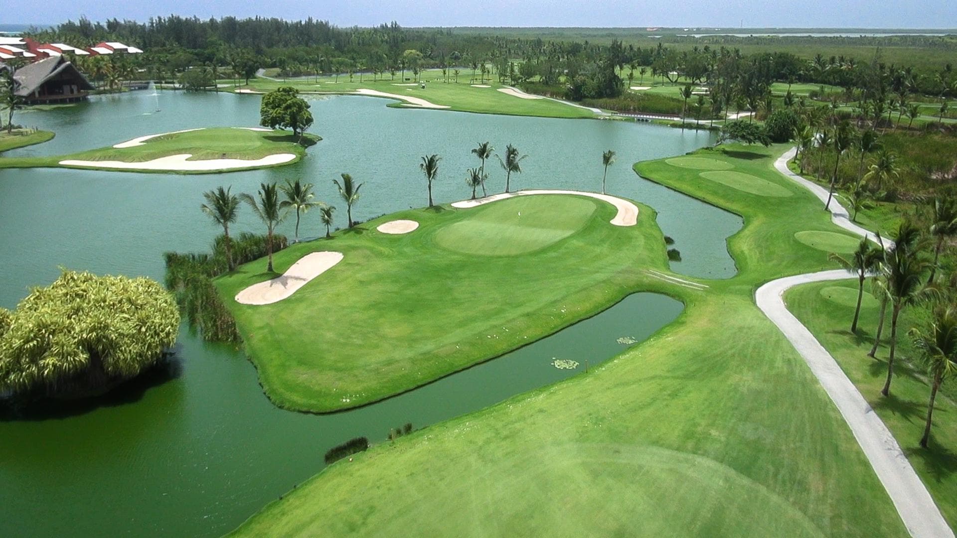 Aerial view of a island green at The Lakes Course