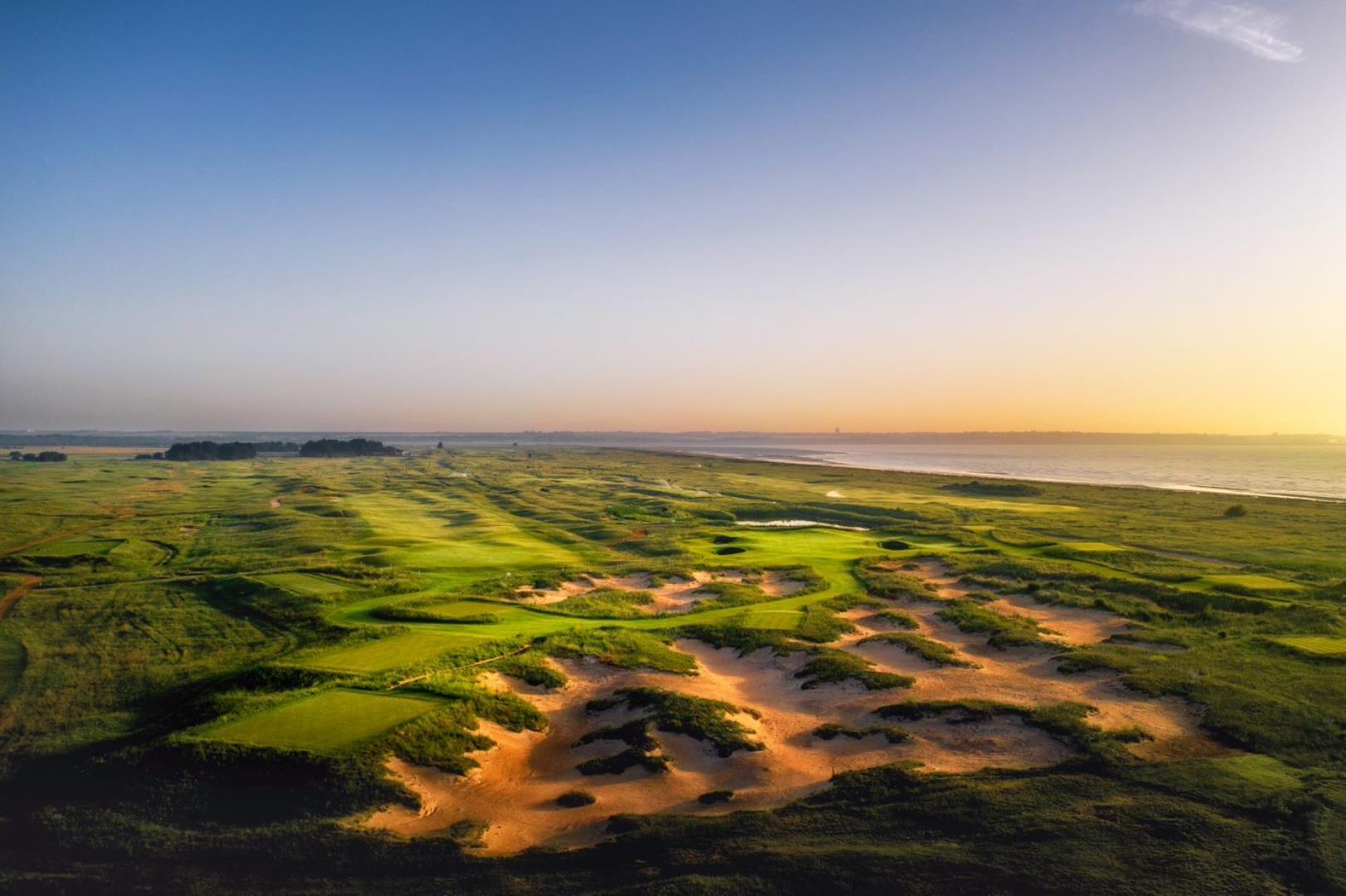 Overheard view of the scenic coastal course at Princes