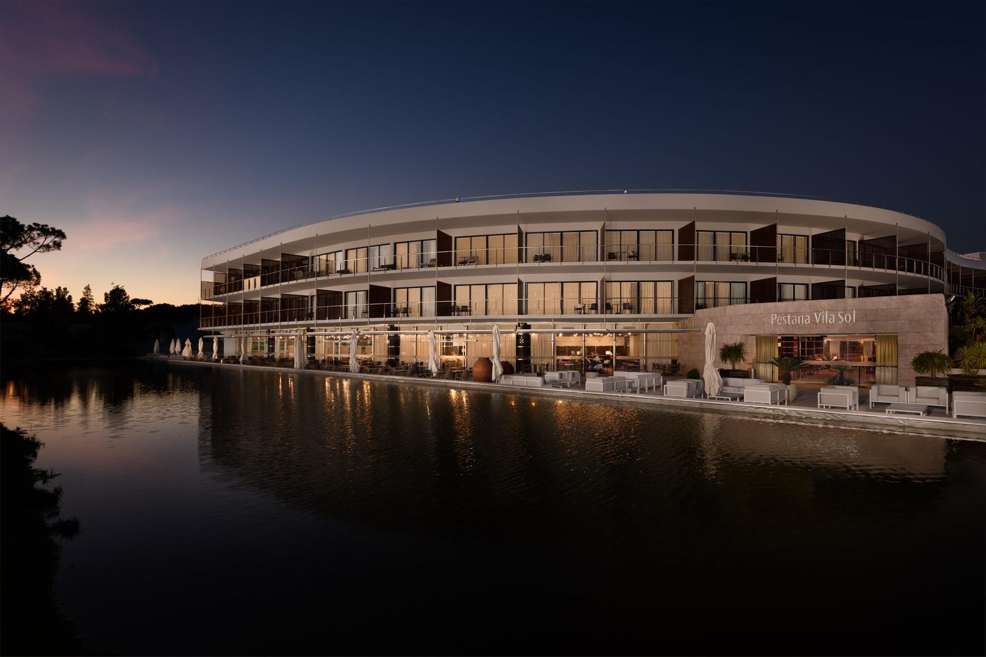 Night time view of the front of the hotel
