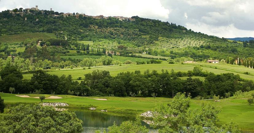 Panoramic view of the Terme di Saturnia Golf Course with their resort at the top of the hill