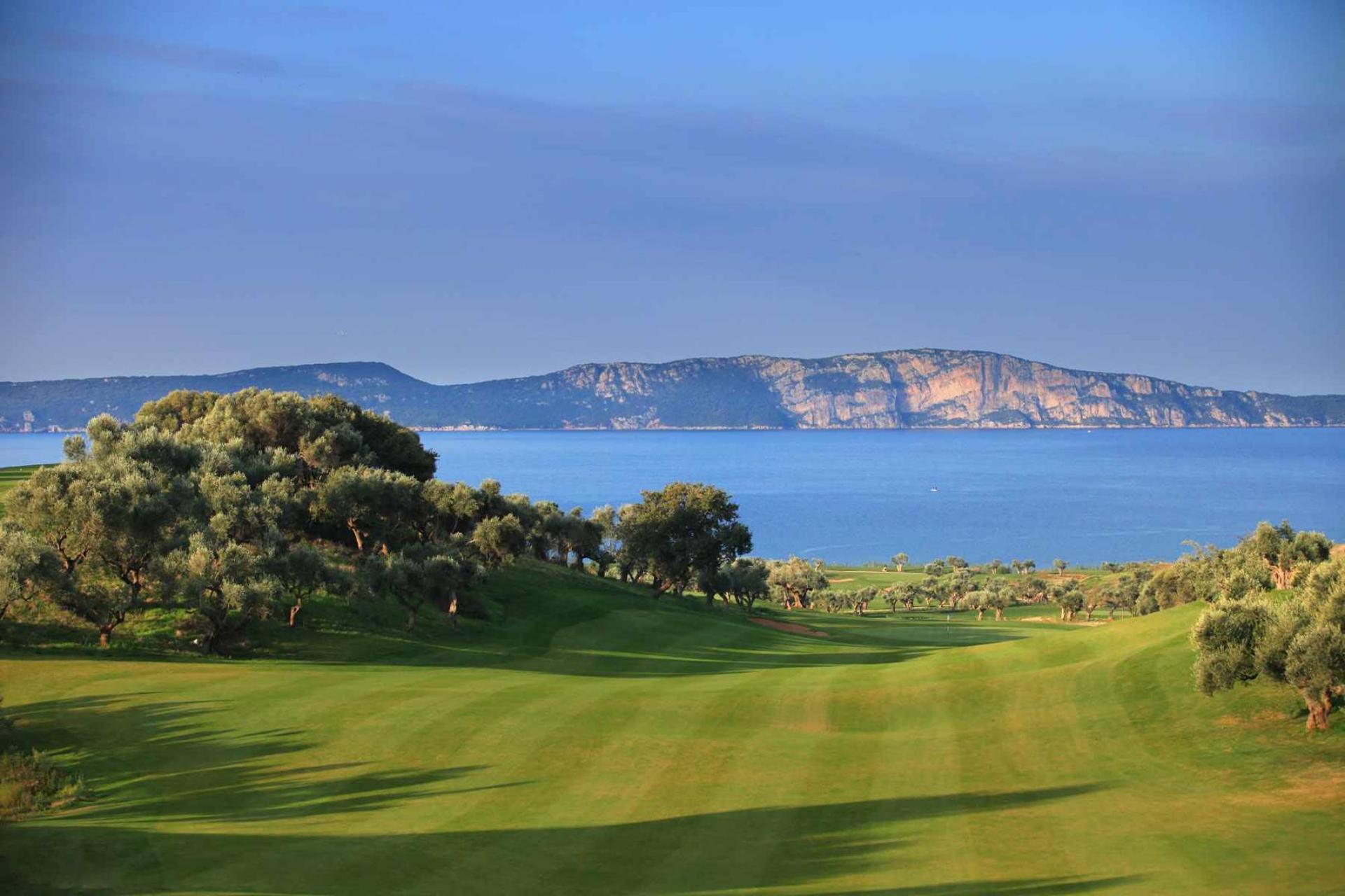 A wide downhill fairway leading to the coast at The Bay Course