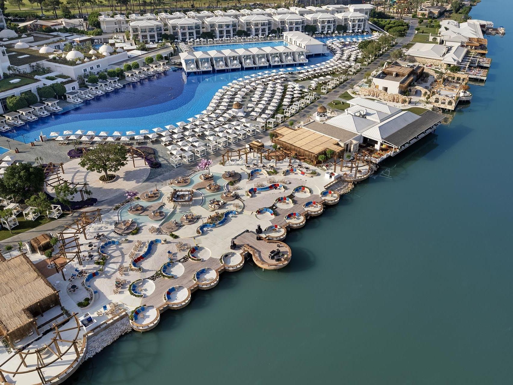 Aerial view of outdoor swimming pool and bar area