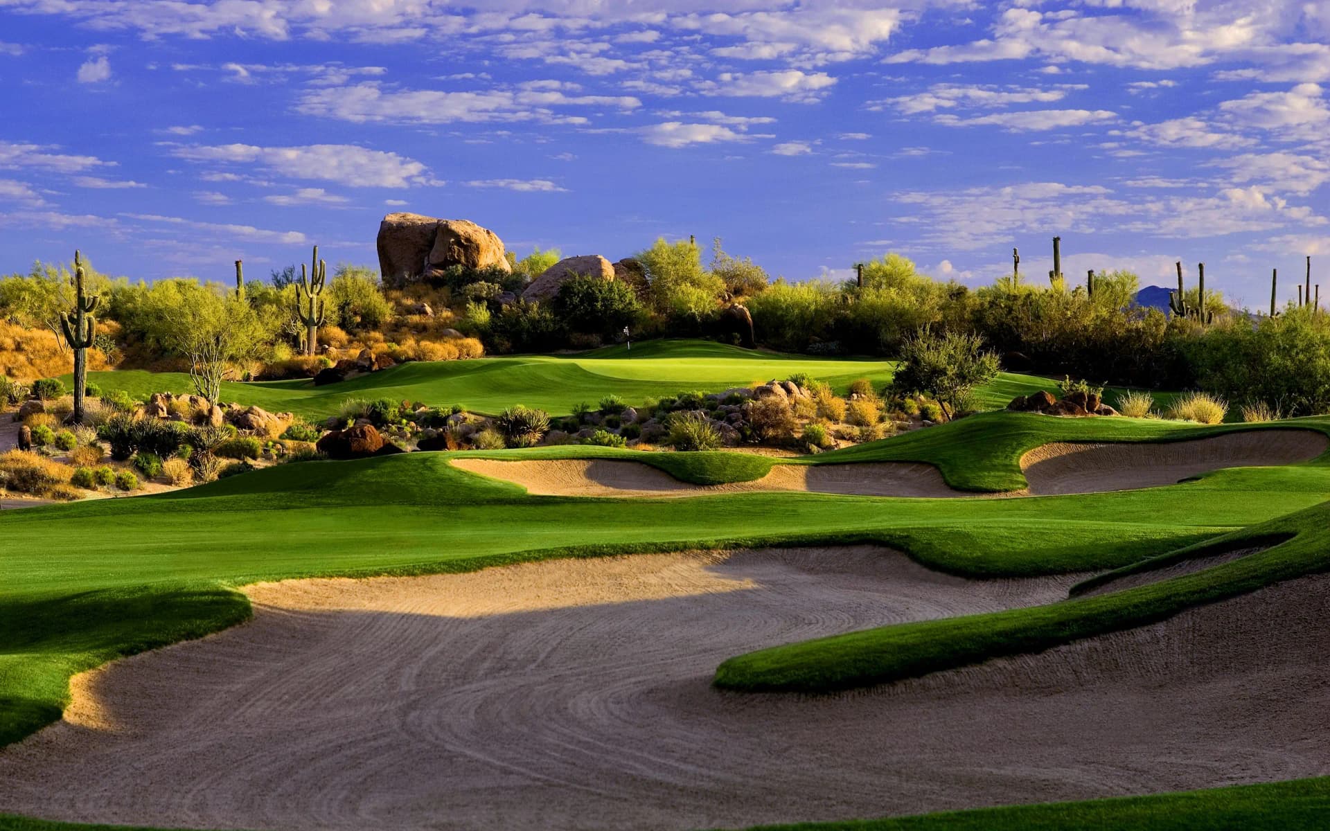 Sand bunkers and lush greens framed by cacti and desert vegetation.