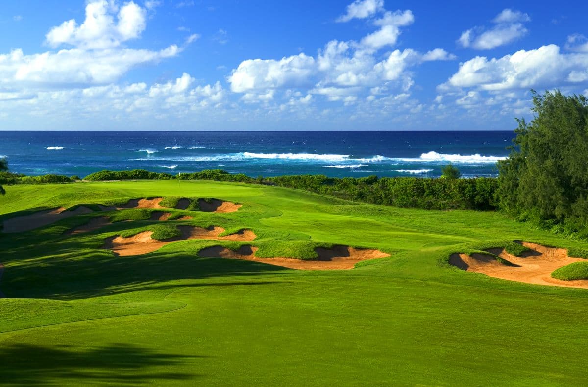 Narrow, undulating fairway interspersed with bunkers and sea views