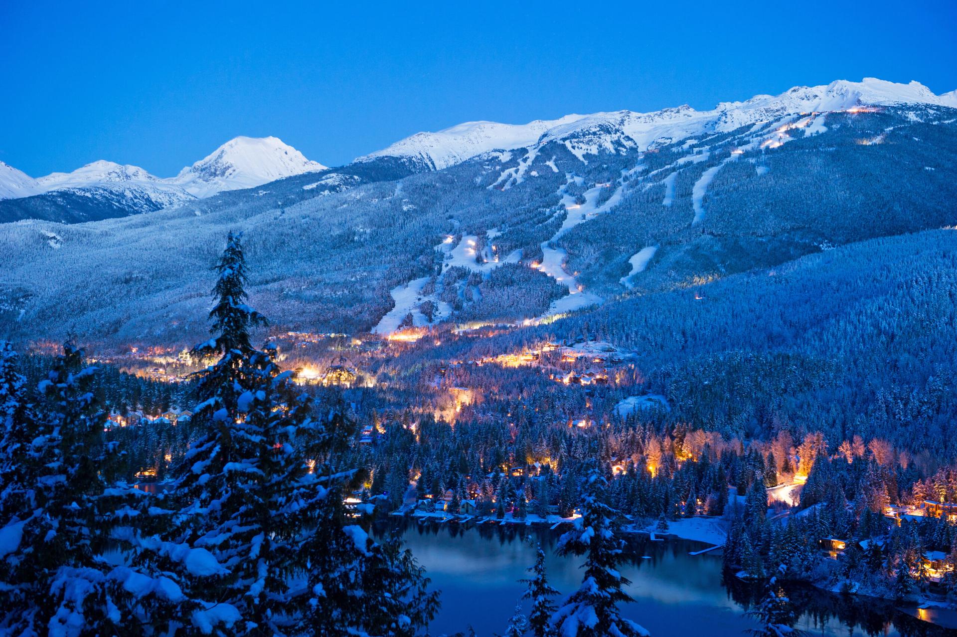 Birdseye view of the ice topped mountains surrounding Whistler