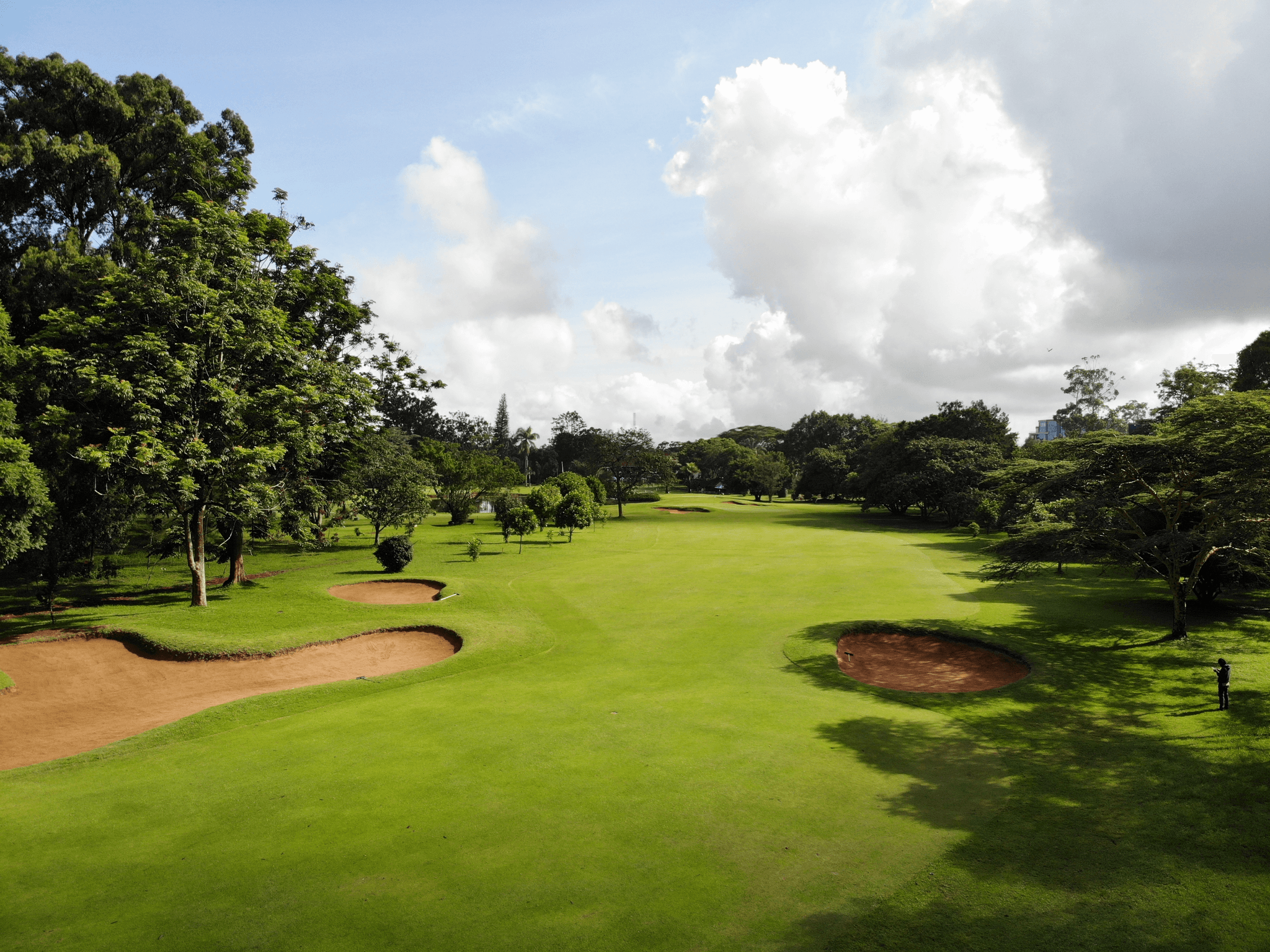 Overhead view of a wide fairway nestled with sand bunkers