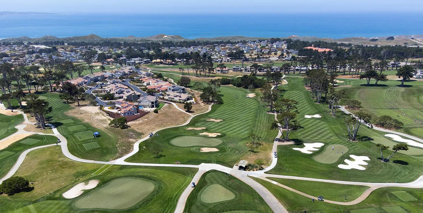 Overhead view of the fairways on the course with bunkers