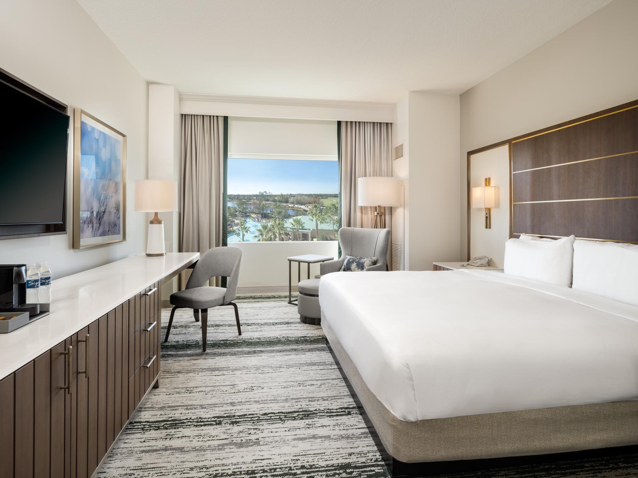Modern double bed room with window views of the resort