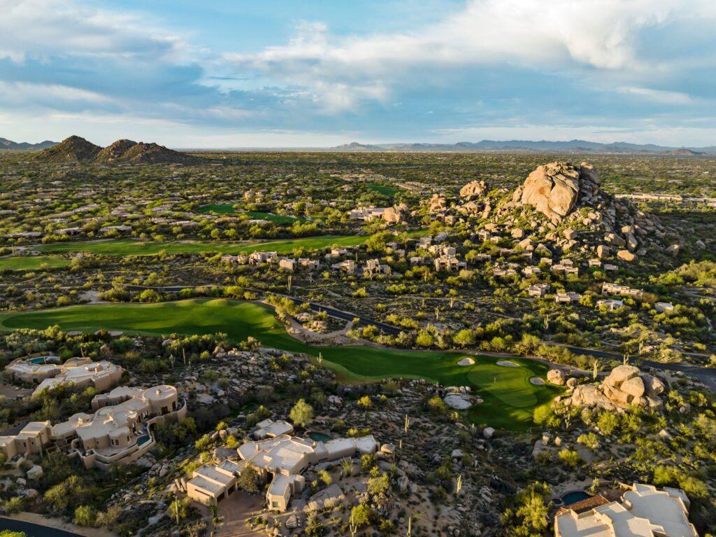 Overhead view of the Boulders Resort & Spa nestled with large rock structures