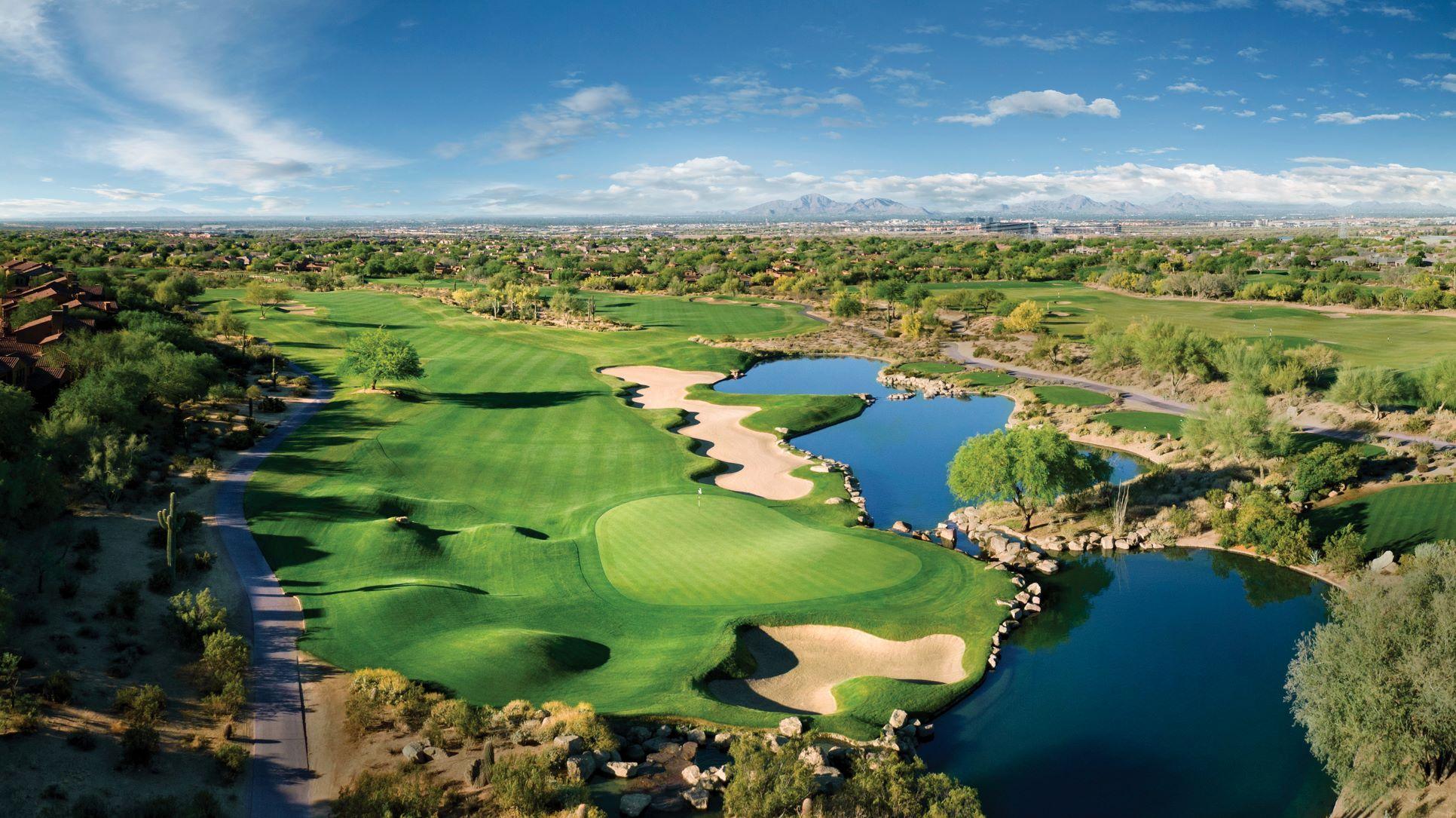 Panoramic aerial view of the Talon course's wide fairways smooth greens and rolling dunes