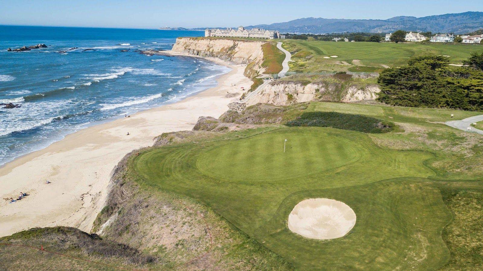 A coastal green with a sand bunker