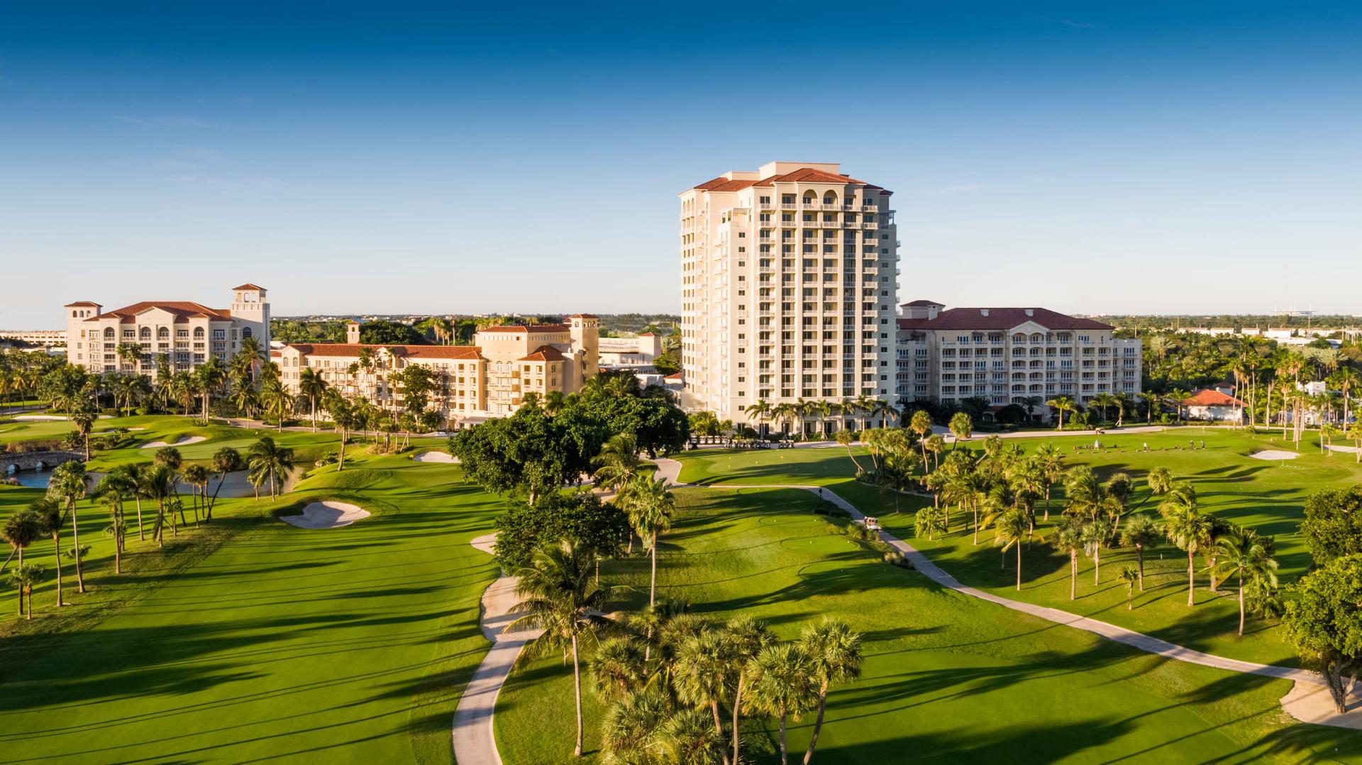 Overhead view of the resort building looking over the on sight course