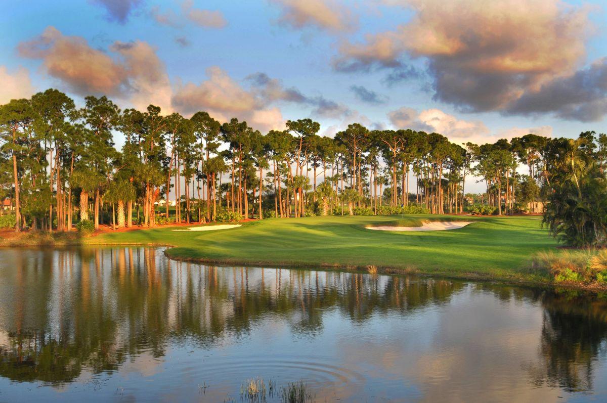 Green strategically placed next to a sand bunker surrounded by tall towering trees