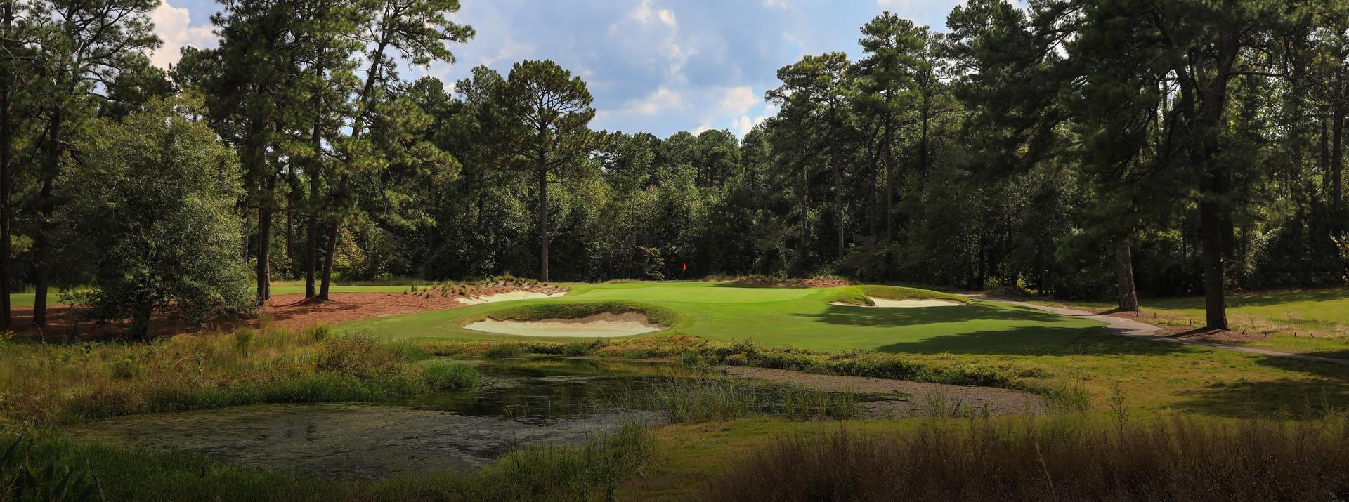 Serene golf hole with water hazard surrounded by towering pines and lush vegetation.