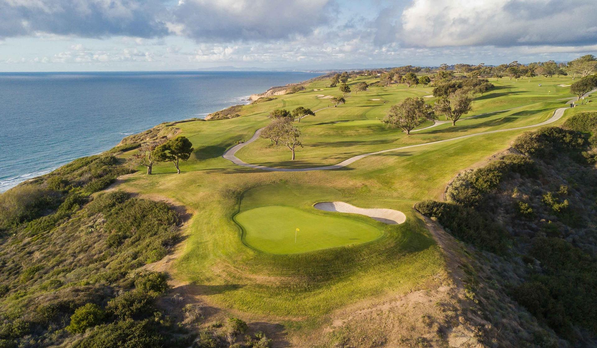 Panoramic view of the Torrey Pines North Course with its rolling dunes, sand bunkers and wide fairways which all run along the coast