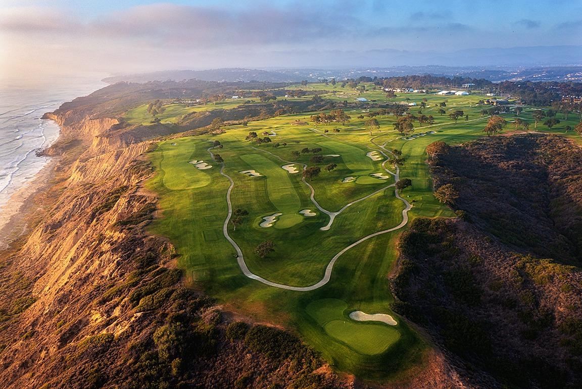 Birdseye view the Torrey Pines course naturally elevated from the coast line by a mountainous landscape