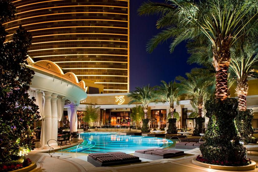 View of the luxurious hotel with an outdoor water feature