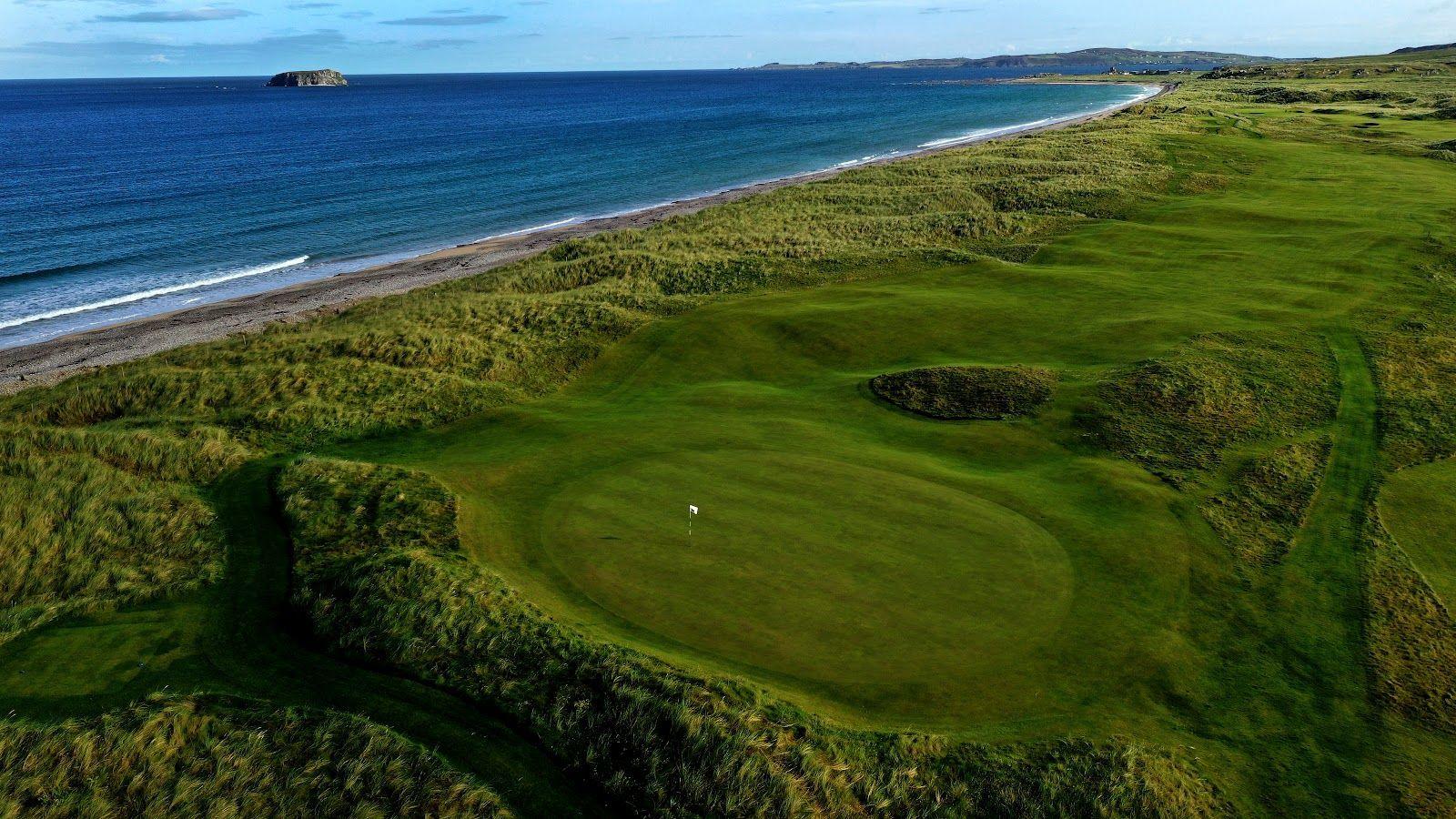 Overhead shot of the short putting greens within eye reach of the sea