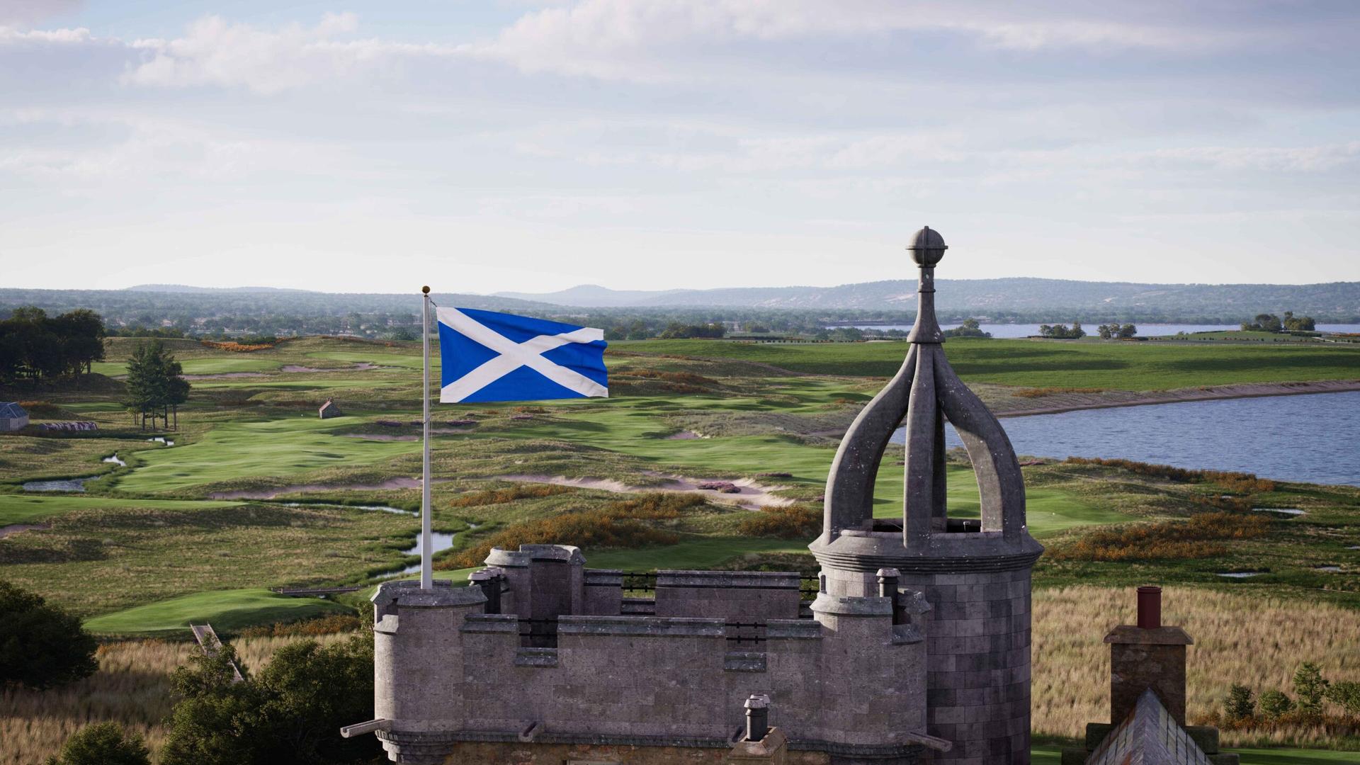 Overview of the Scottish flag at the top of the building overlooking the greens