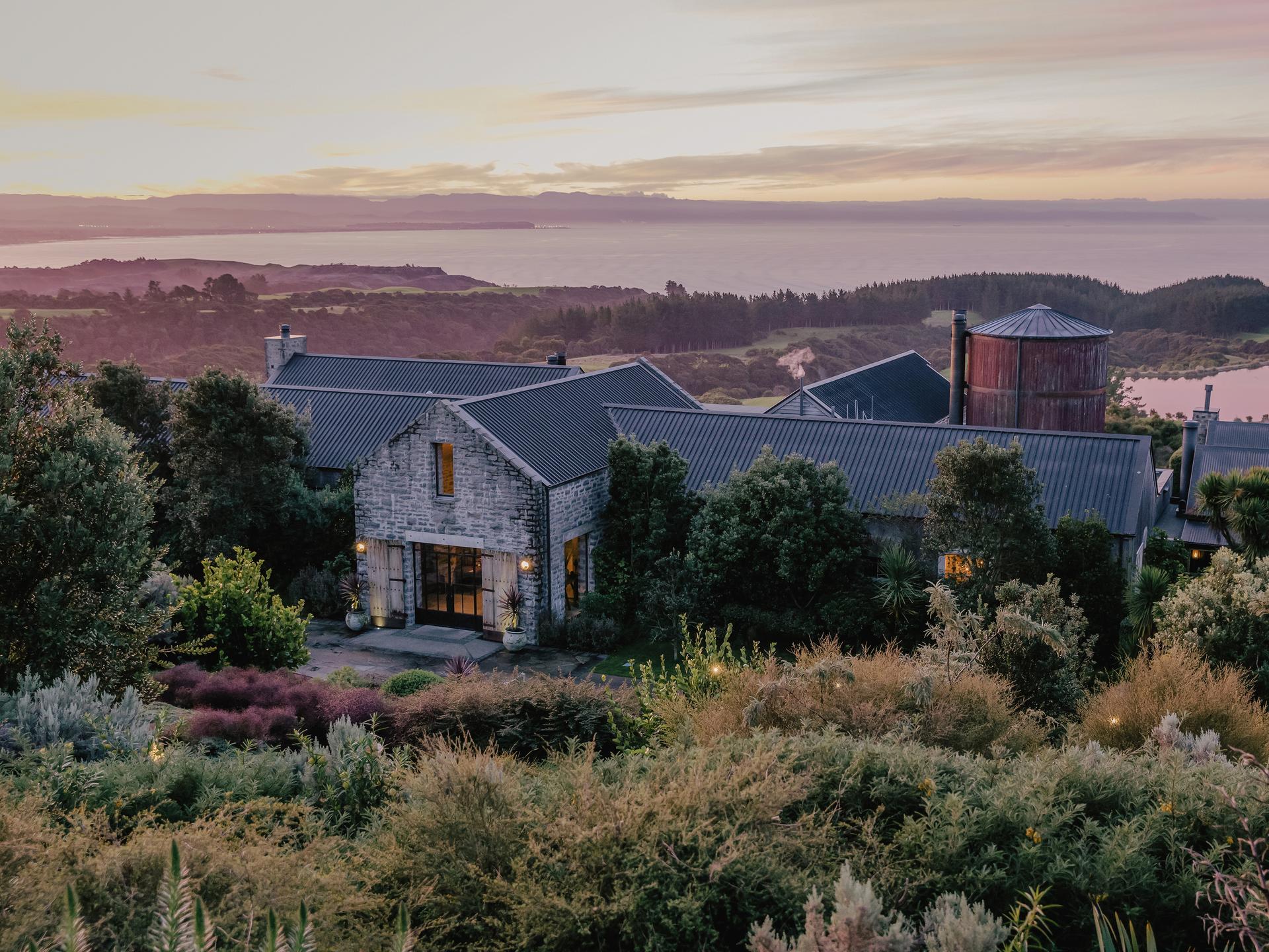 Birdseye view of the Cape Kidnappers Resort with distant coastal views