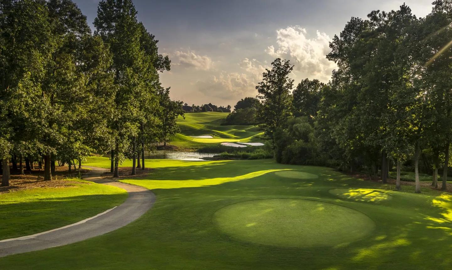 A fairway winds through dense woods with sunlight streaming through, creating a serene and scenic golf setting.