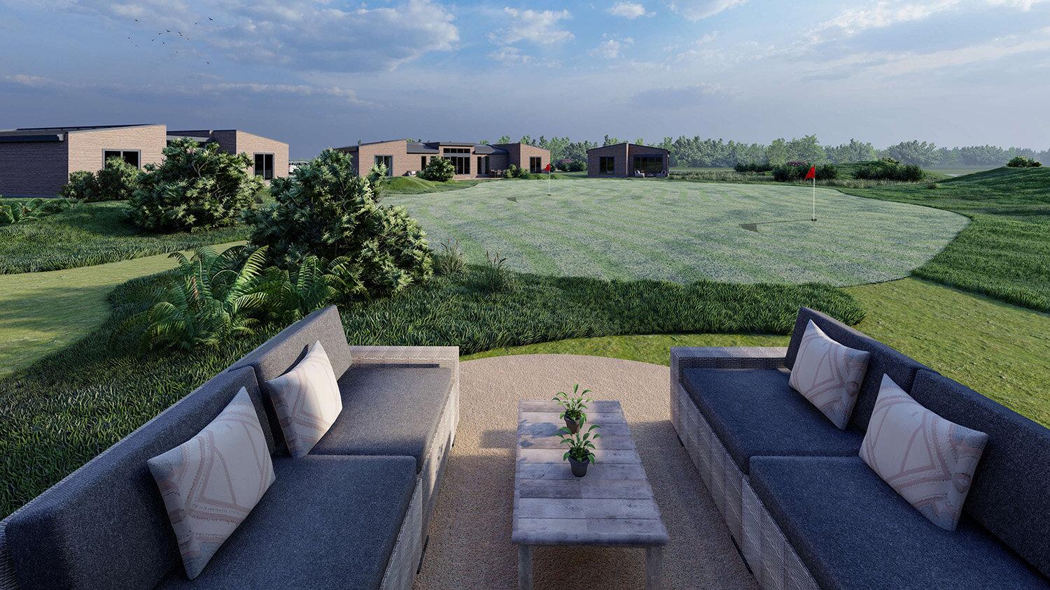 Outdoor seating area next to lodges and smooth green