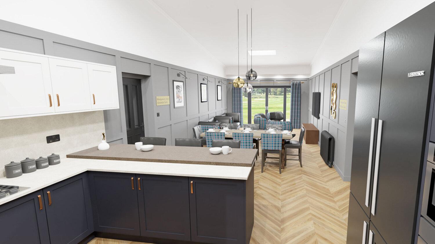 Kitchen in a lodge featuring all cooking facilities, dining table living room and patio doors that lead to the course