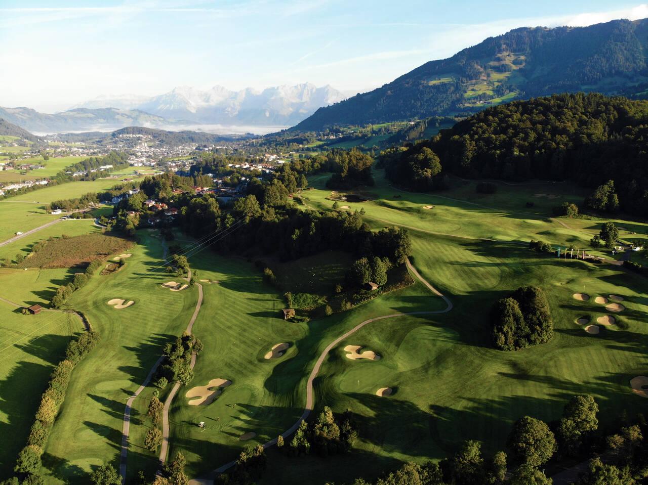 Aerial view of the Eichenheim golf course with well maintained fairways and smooth greens
