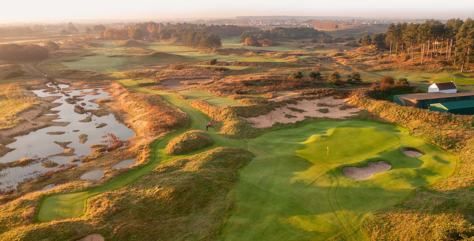 Aerial view of the Hillside Course with its rugged landscape yet well-kept greens and fairways