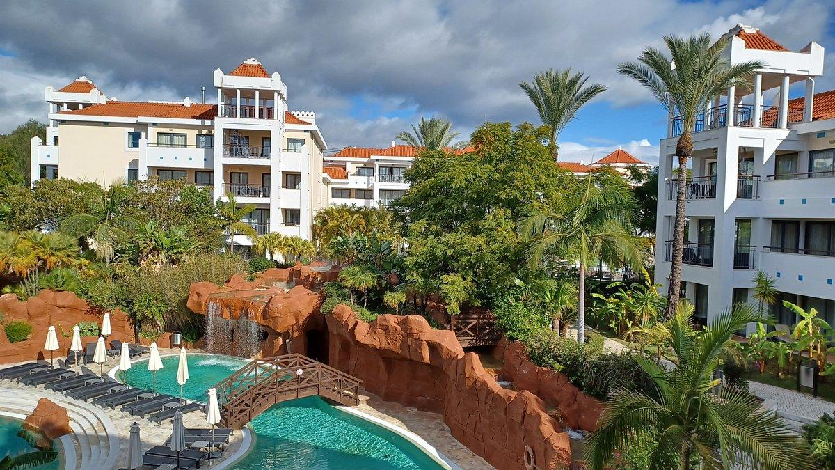 Outdoor swimming pool area with greenery and the hotel visible