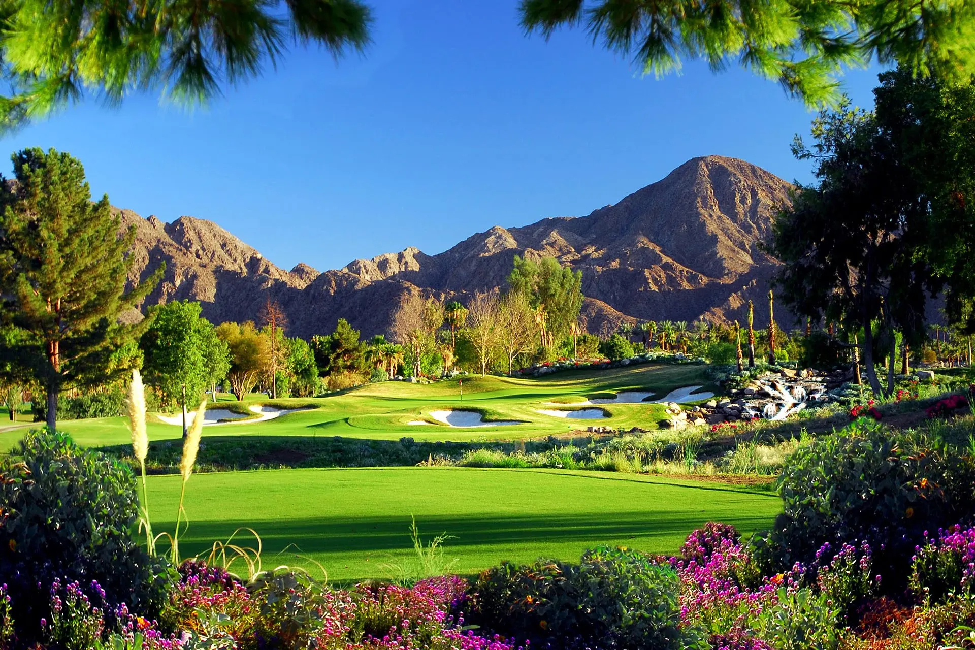 A vibrant golf course framed by colorful flowers and dramatic desert mountains in the background.